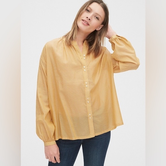 Gap Women’s Yellow striped long bell sleeve double button down in size M - Picture 1 of 9